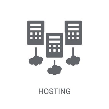 Simge barındırma. Modaya uygun Hosting logo kavramı programlama koleksiyonundan beyaz arka plan üzerinde. Web uygulamaları, mobil uygulamalar ve basılı medya kullanım için uygundur..