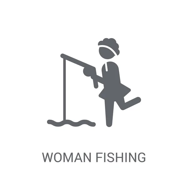 Ícone Pesca Mulher Trendy Woman Fishing Conceito Logotipo Fundo Branco — Vetor de Stock