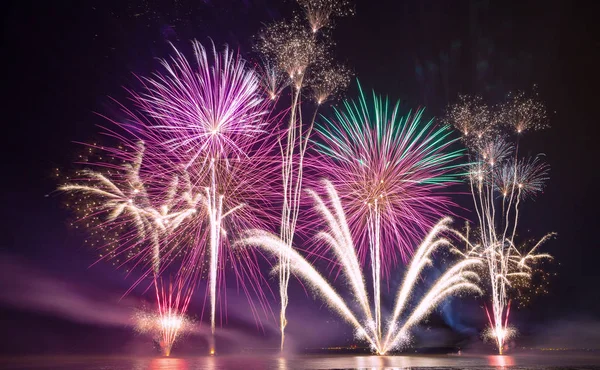 Brightly Colorful Fireworks Shot Sea Celebration Day — Stock Photo, Image