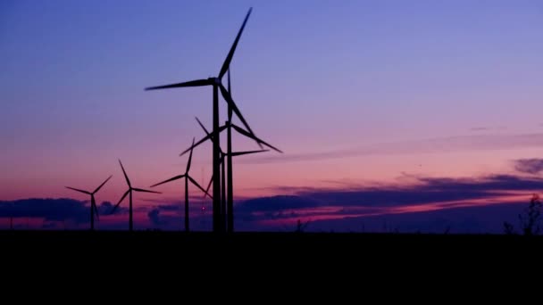 美しい夕日の下の田園地帯での風力発電の風力タービン — ストック動画
