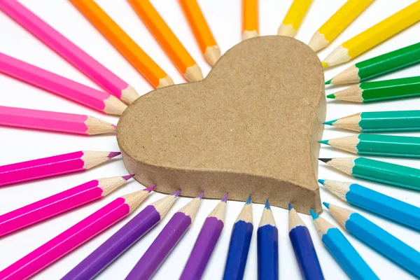 Closeup Colored Pencils Heart Shape White — Stock Photo, Image