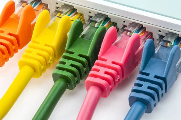 Cables Red Coloridos Conectados Router — Foto de Stock