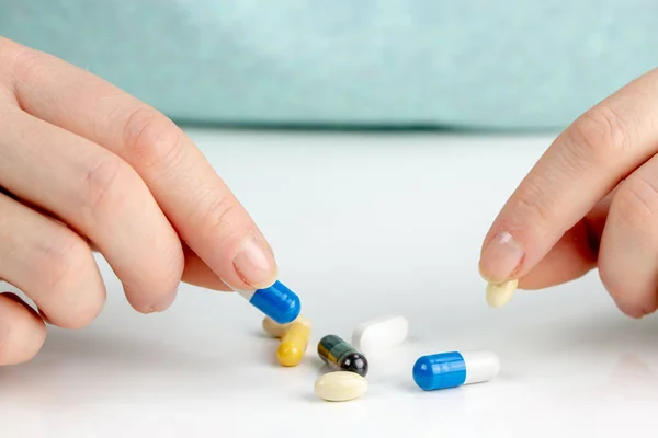 Closeup Young Woman Choosing Colorful Pills — Stock Photo, Image