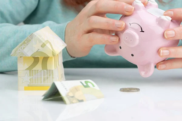 Hands Woman Bank Note House Model Piggybank Indoors Studio Shoot — Stock Photo, Image