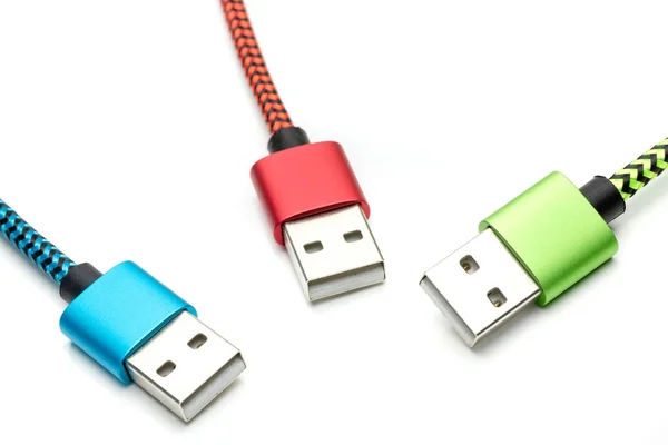 Three Colorful Usb Cables Smartphone Isolated White Background — Stock Photo, Image