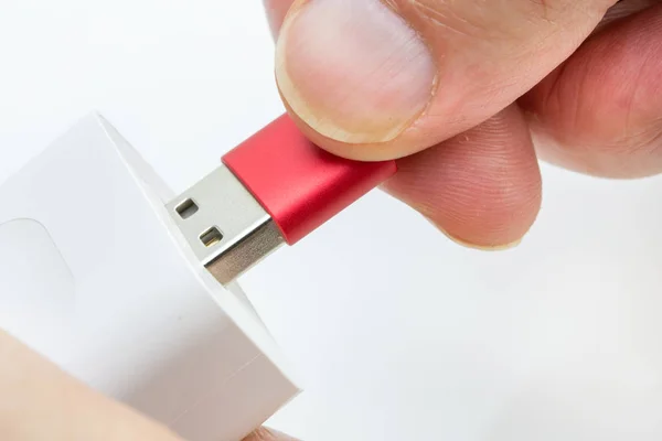 Hand Inserting Usb Cable Wall Charger Isolated White Background — Stock Photo, Image