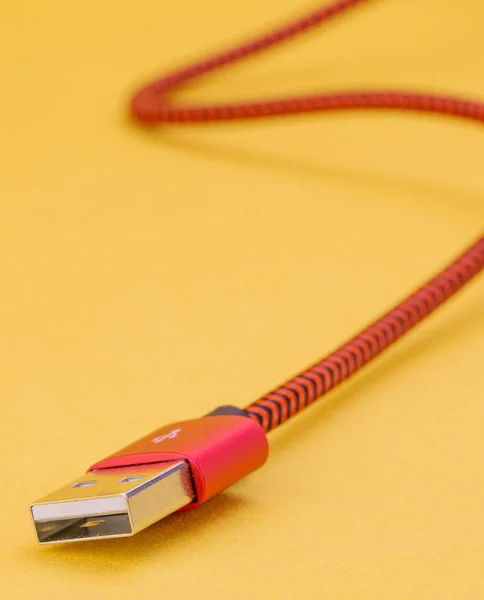 Red Usb Cable Smartphone Isolated Yellow Background — Stock Photo, Image
