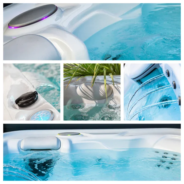 Collage Aus Wasser Und Ausrüstung Whirlpools Wellnessbereich — Stockfoto