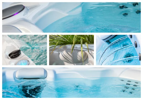 Collage Aus Wasser Und Ausrüstung Whirlpools Wellnessbereich — Stockfoto