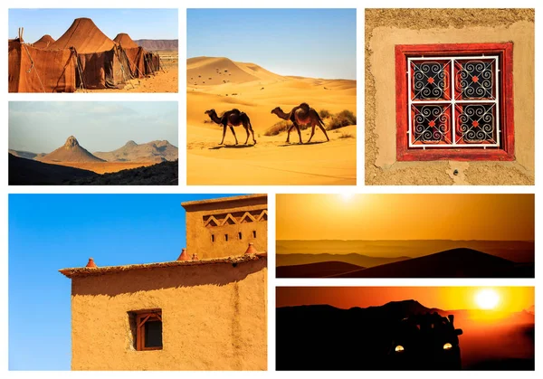 Colagem Belas Paisagens Deserto Marroquino Conceito Aventura — Fotografia de Stock