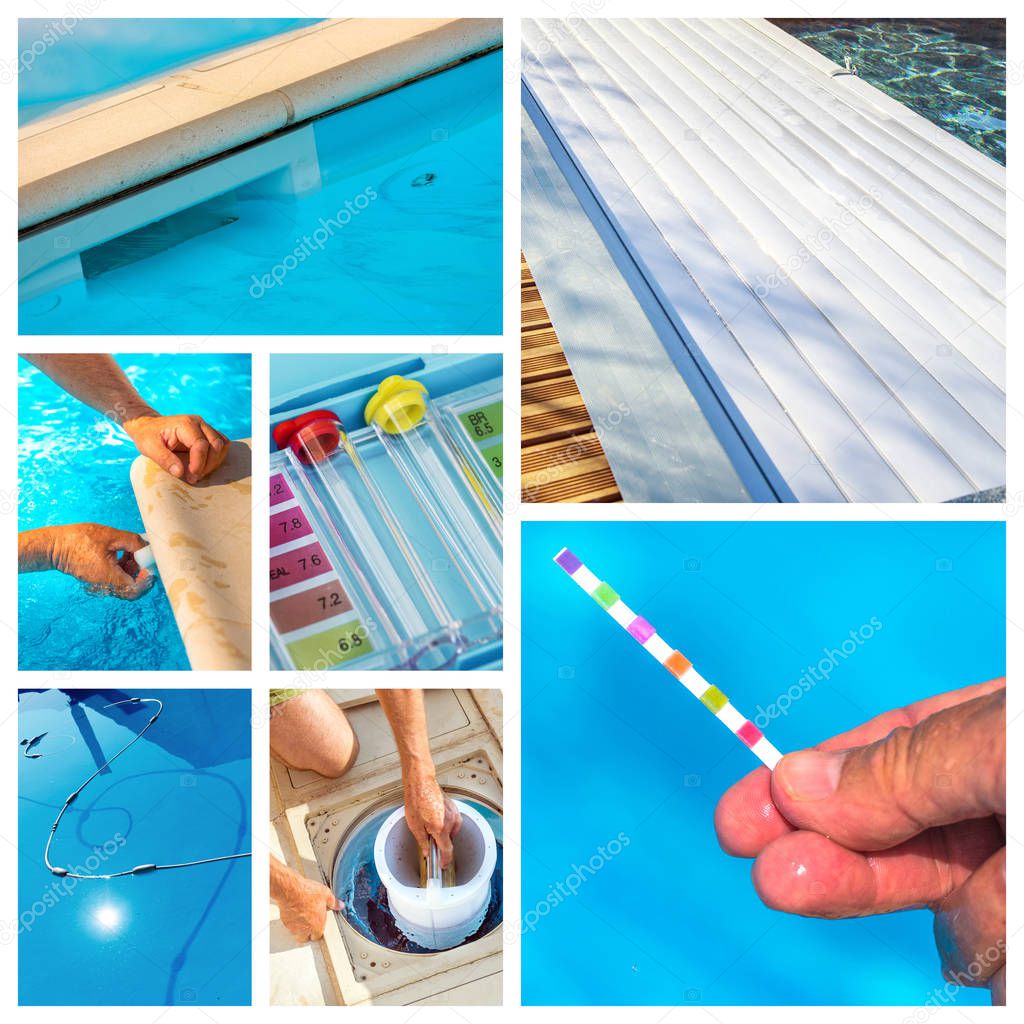 collage about maintenance of a private pool