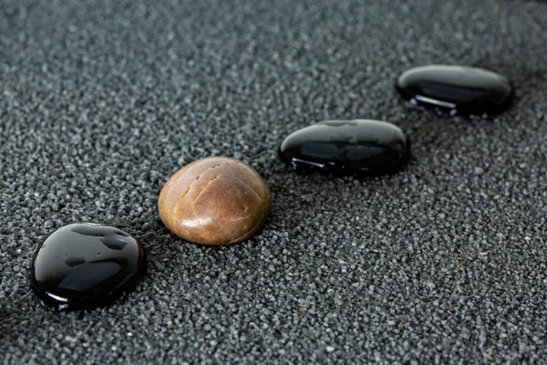 Black pebbles on black sand background with brown pebble. Concept of diversity or singularity