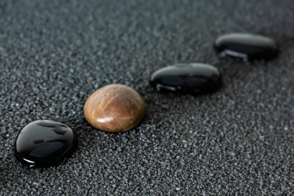 黒い砂の背景に茶色の小石と小石します 多様性や特異性の概念 — ストック写真