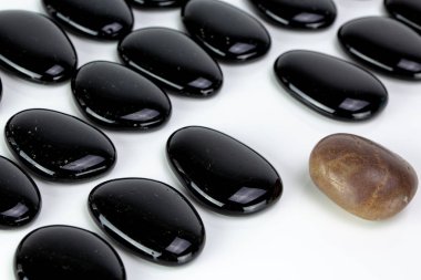 Black pebbles on white background with brown pebble. Concept of diversity or singularity clipart