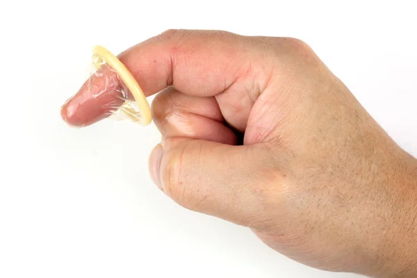 Man Vinger Houden Van Een Open Condoom Een Witte Achtergrond — Stockfoto