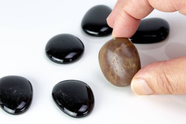 Siyah beyaz arka plan üzerinde kahverengi çakıl ile çakıl taşı. Çeşitlilik veya tekillik kavramı