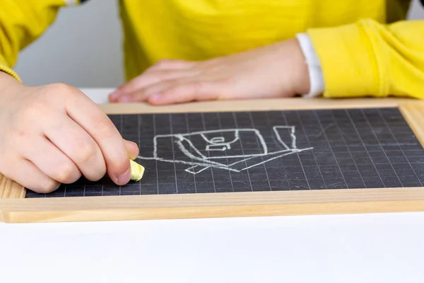 Child Drawing House Blackboard Real Estate Concept — Stock Photo, Image