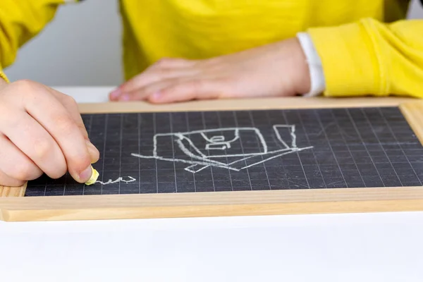 Child Drawing House Blackboard Real Estate Concept — Stock Photo, Image