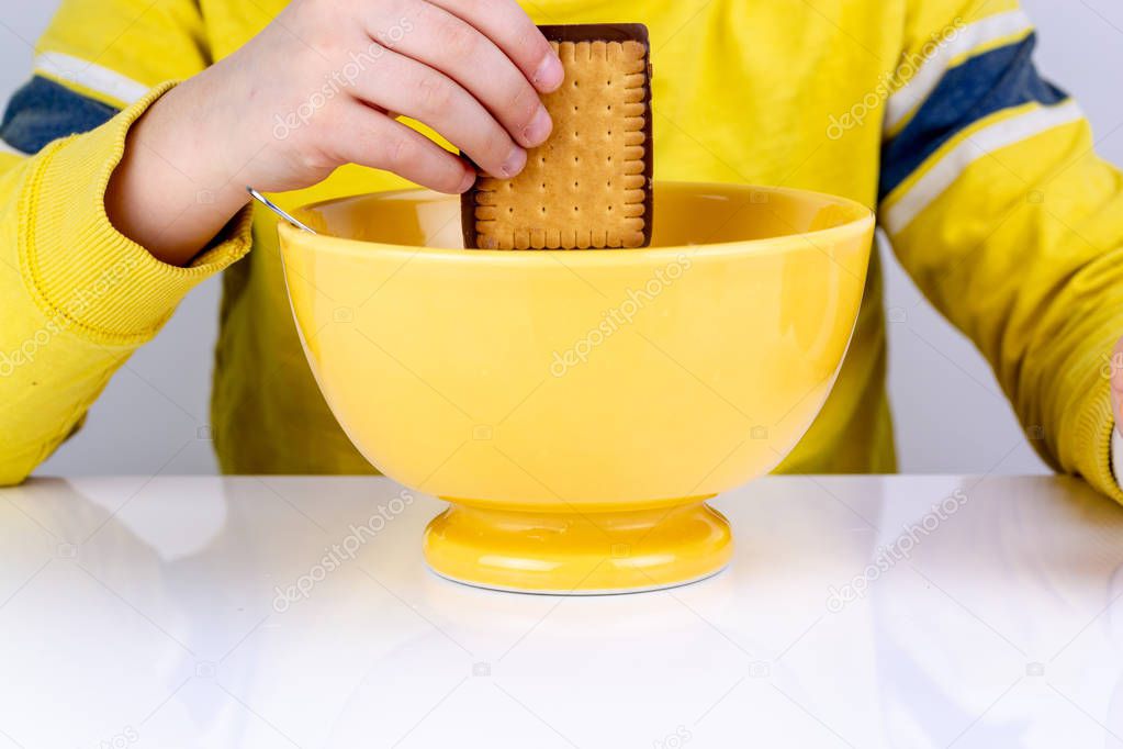 child dipping his chocolate biscuit in his bowl of milk at kitchen home