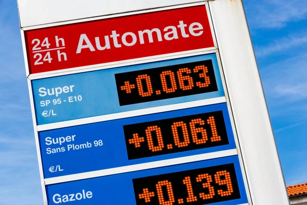 Closeup on Gas station sign displaying different oils energies super, super unleaded, diesel (\