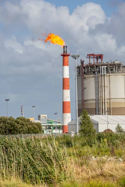 Vista de la planta de refinería de petróleo con su chimenea en llamas contra el cielo azul —  Fotos de Stock