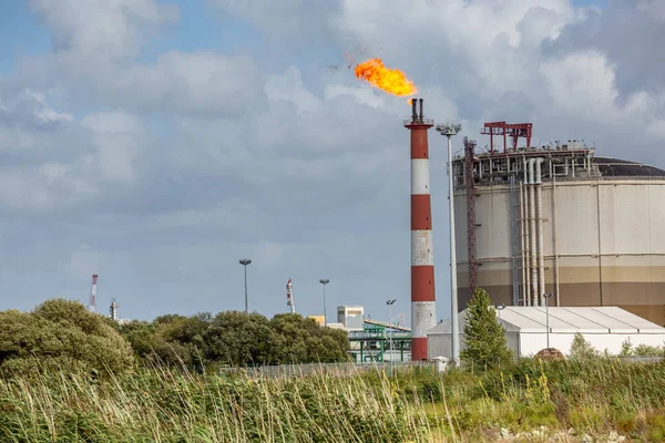 Utsikt över oljeraffinaderiet med sin flammande eldstad mot blå himmel — Stockfoto