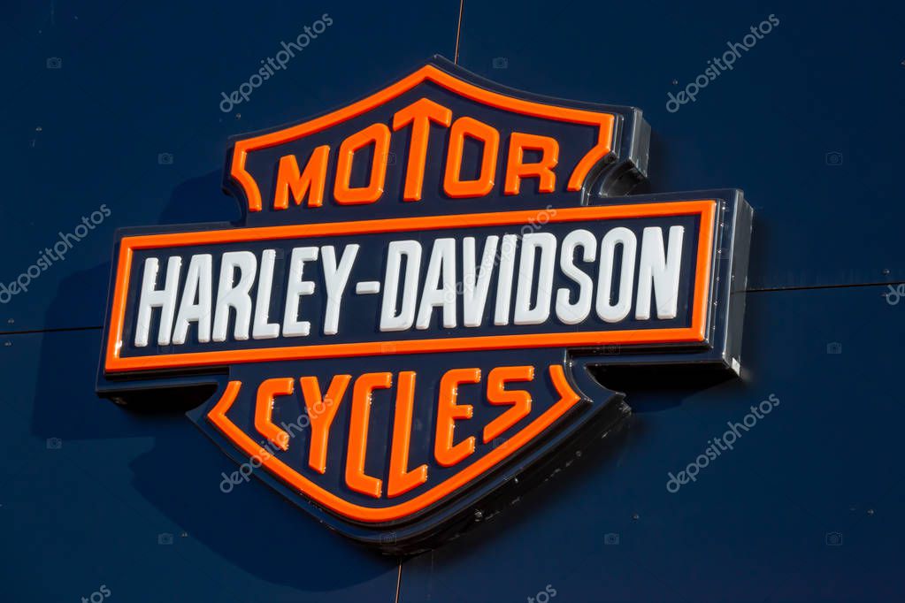 Beaulieu, France - February 27, 2019: Harley-Davidson Local Signage. Close-up of Harley Davidson logo at dealer of the brand