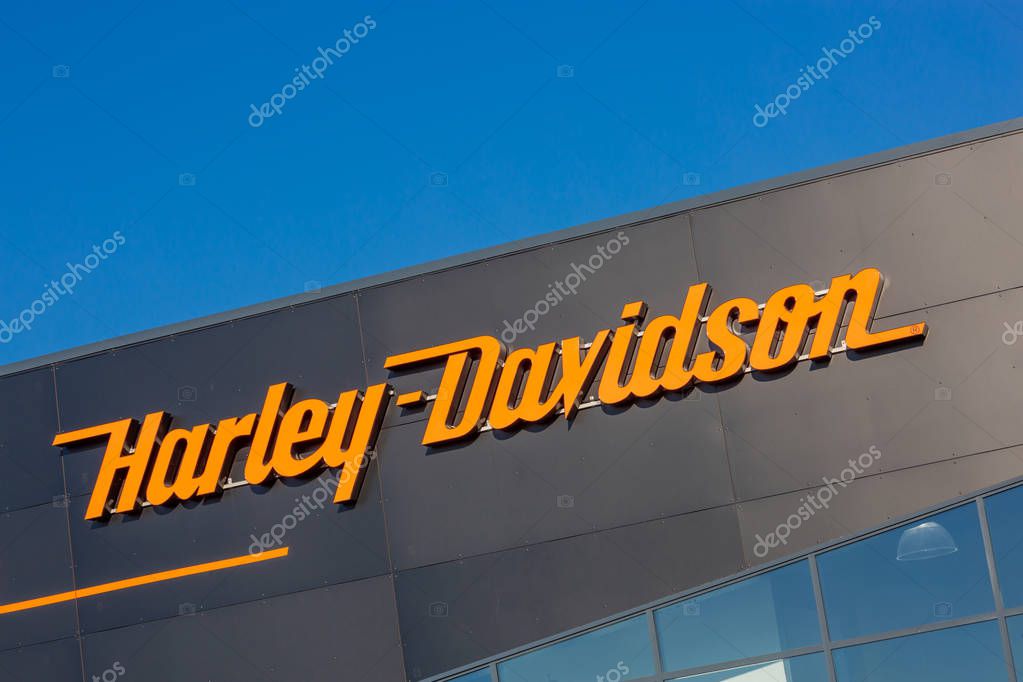 Beaulieu, France - February 27, 2019: Harley-Davidson Local Signage. Close-up of Harley Davidson logo at dealer of the brand