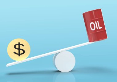 3 boyutlu madeni para ve altın para mavi arka planda tahterevallinin üzerindeki yağ varilini dengeliyor. Petrol stoklarının maliyeti. 3B resim