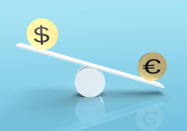 Denge ölçeğinde dolar ve avro altın sikkeleri - Dolar parasından daha güçlü avro para birimi kavramı