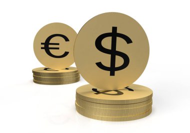 Dolar ve Avro altın sikkeleri beyaz arka plandaki diğer madeni paraların üzerine yerleştirildi