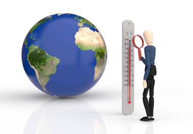 Dünya ve tahta kukla büyüteçle termometreye bakıyor. Artan sıcaklıklar, küresel ısınma kavramı