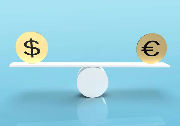 Monedas Oro Dólares Euros Balanza Concepto Equilibrio Igual Entre Dólar —  Fotos de Stock