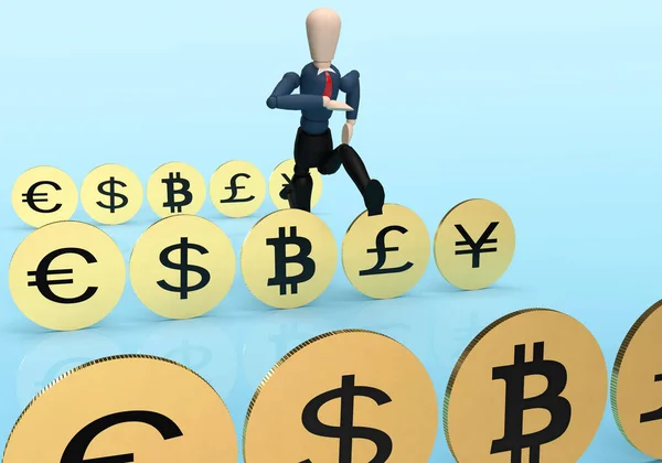 Virtual Puppet Jumping Golden Coins Forex Concept Rendering — Stock Photo, Image