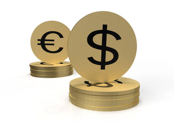Доллар и евро золотые монеты помещены на кучу других монет на белом фоне