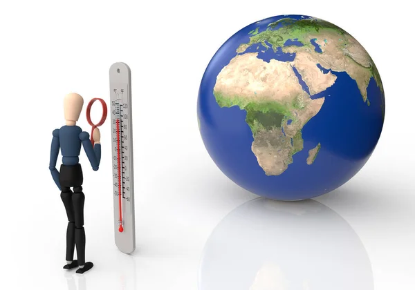 地球和木制木偶看着一个有放大镜的温度计 气温上升 全球变暖的概念 — 图库照片