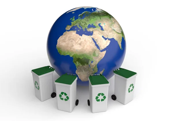 Waste Recycling Concept Planet Earth Garbage Cans Rendering — Stock Photo, Image