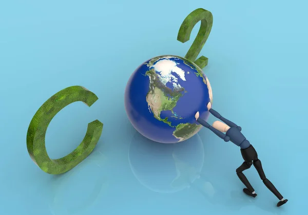 Wooden Puppet Pushing Earth Form Word Co2 Carbon Dioxide Ecology — Stock Photo, Image