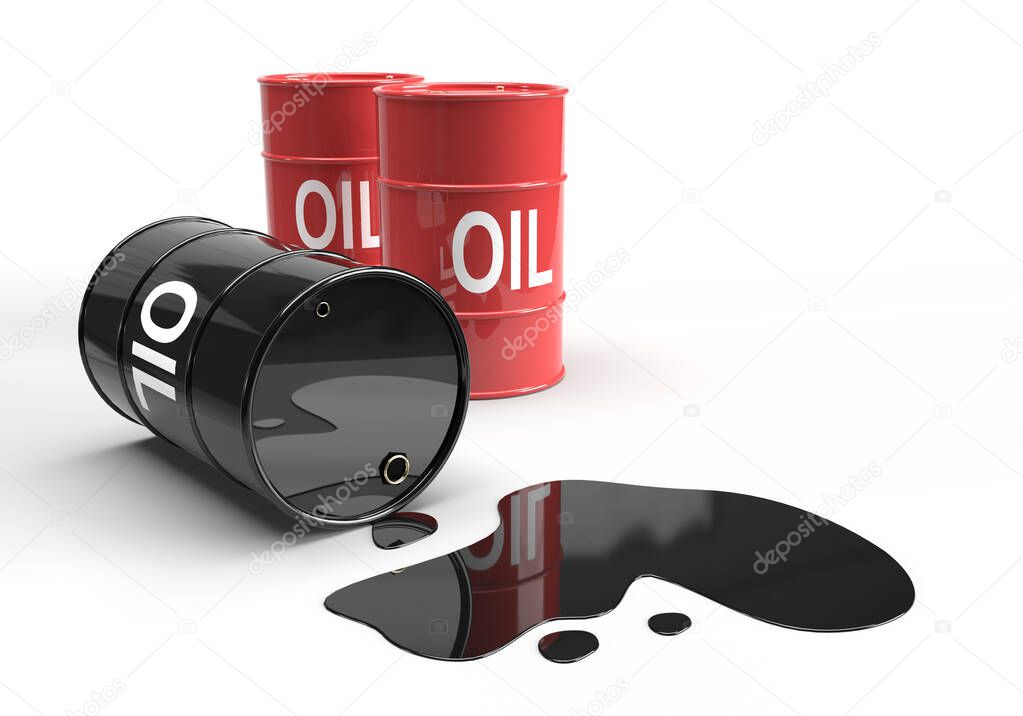 3D rendering of black and red metal tanks with leaking crude oil contaminating environment on white background