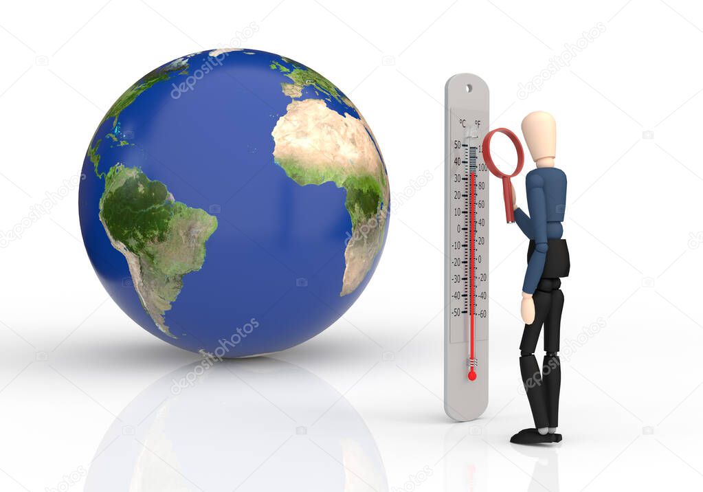 Earth and wooden puppet looking at a thermometer with a magnifying glass. Rising temperatures, global warming concept