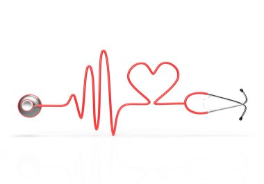 Stetoskop, kalp silueti ve EKG. 3d illüstrasyon