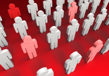 Sıraya dizilmiş bir grup insanın 3 boyutlu çizimi ve bazılarının diğerlerinden farklı özellikleri var. Cinsiyet, pozitiflik, olumsuzluk, etnik köken, farklılık veya virüs yayılımı kavramı