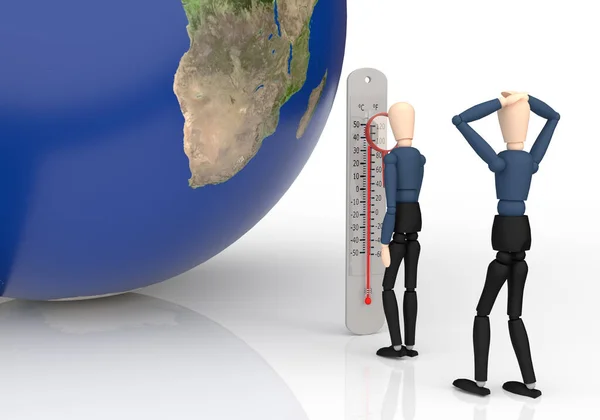 地球和木制木偶看着一个有放大镜的温度计 气温上升 全球变暖的概念 3D说明 — 图库照片