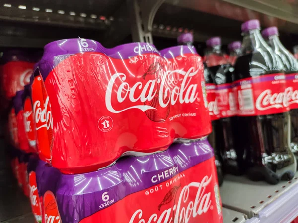 Puilboreau France October 2020 Coca Cola Cherry Bottles Display Sell — стоковое фото