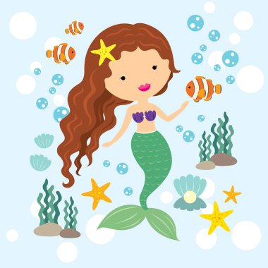 Şirin küçük deniz kızı altında deniz çizgi film illüstrasyon vektör