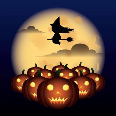 Gece dolunay ve cadı ile Halloween kabaklar