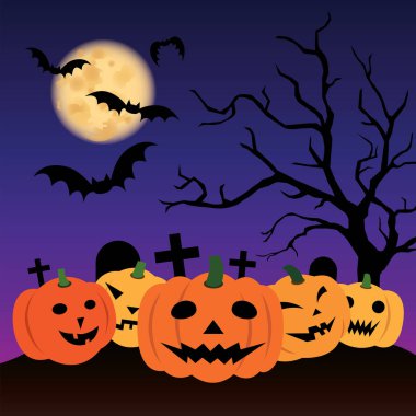 Dolunay gecesi mezarlıkta Mutlu Halloween kabaklar