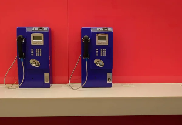 Closeup Picture Public Telephones Rarely Use Nowadays White Counter Red — Stock Photo, Image