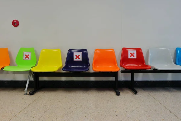 Some Chairs Waiting Area Forbidden Marking Cross Symbol Physical Distancing — Stock Photo, Image