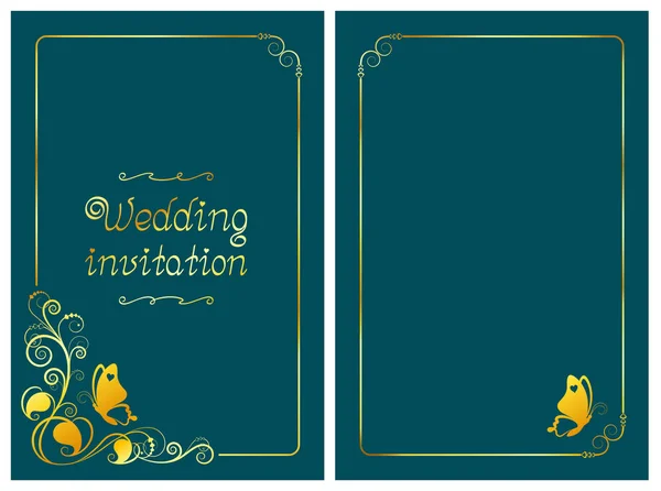 Sötét Zöldeskék Esküvői Meghívó Kártya Mentse Dátum Sablon Design Arany — Stock Vector